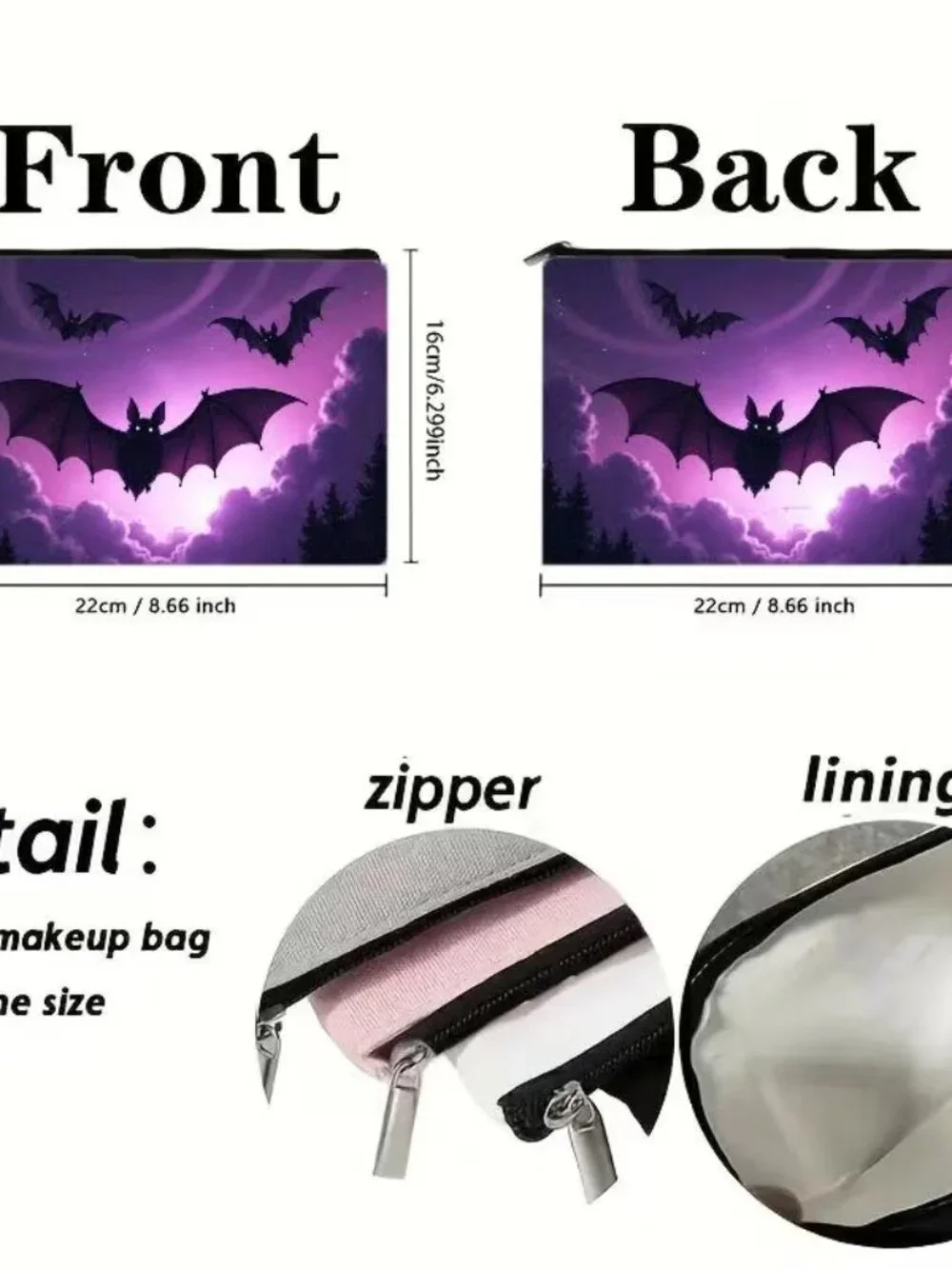 Halloween Goth Bats w Purple Sky / Clouds Make Up Bag Double-Sided 6.3h